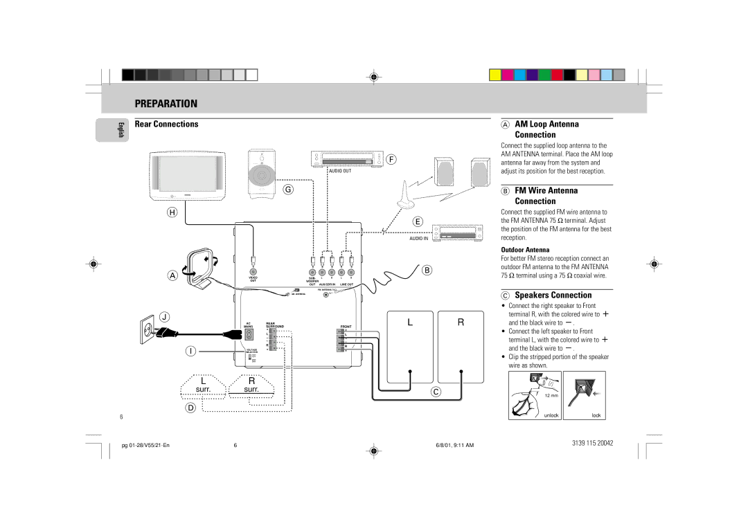 Philips FW-V55 Preparation, AM Loop Antenna Connection, FM Wire Antenna Connection, Speakers Connection, Outdoor Antenna 