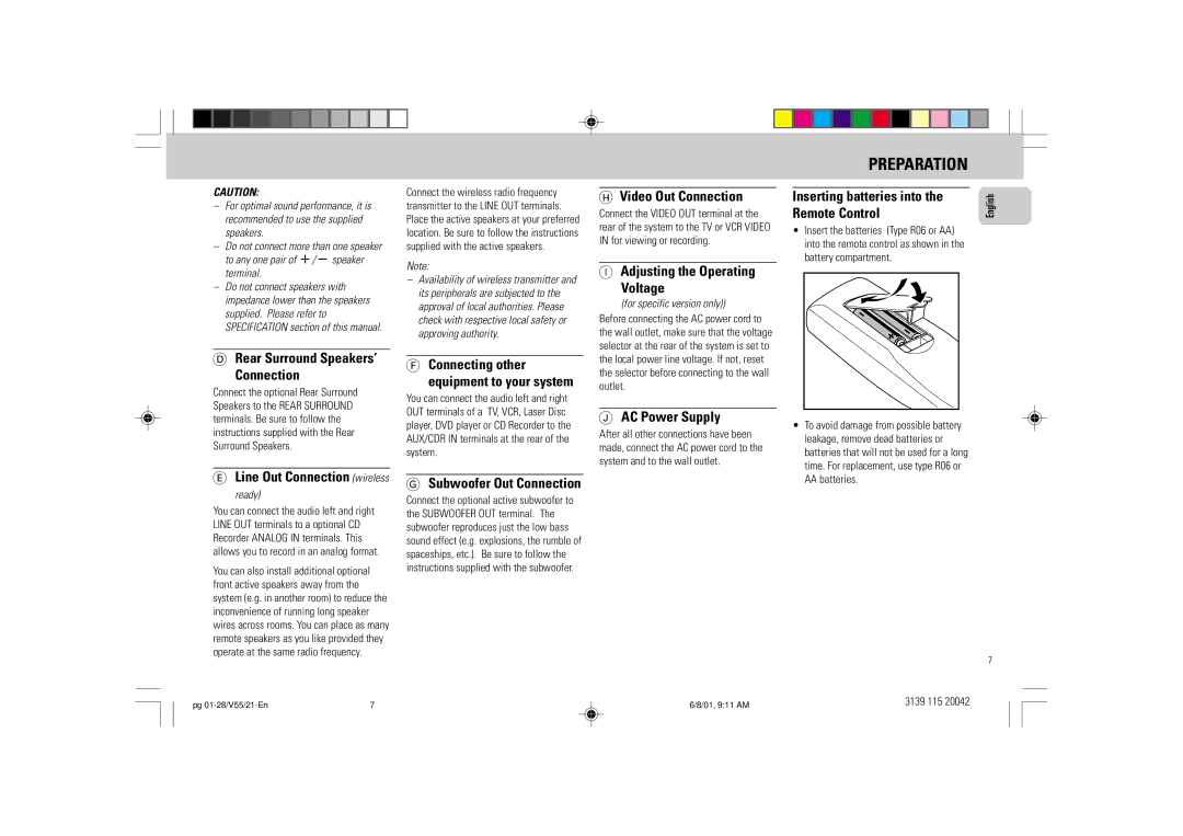 Philips FW-V55 manual Video Out Connection, Adjusting the Operating Voltage, Inserting batteries into, Remote Control 