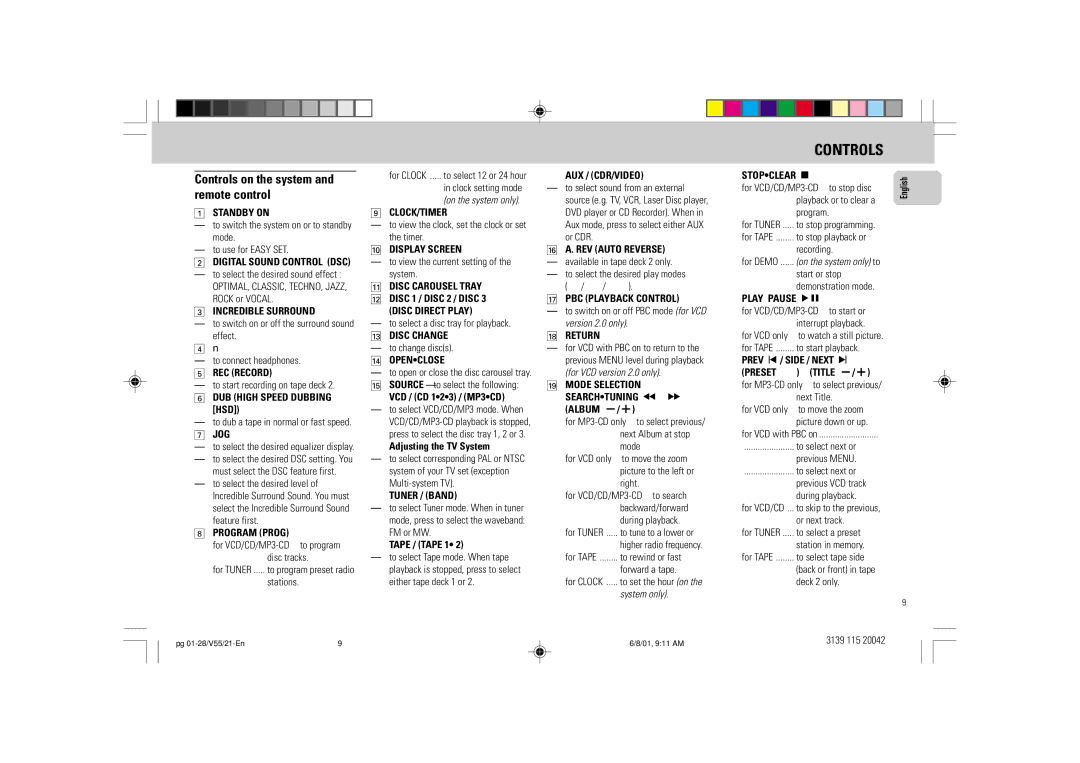 Philips FW-V55 manual Controls on the system and remote control 