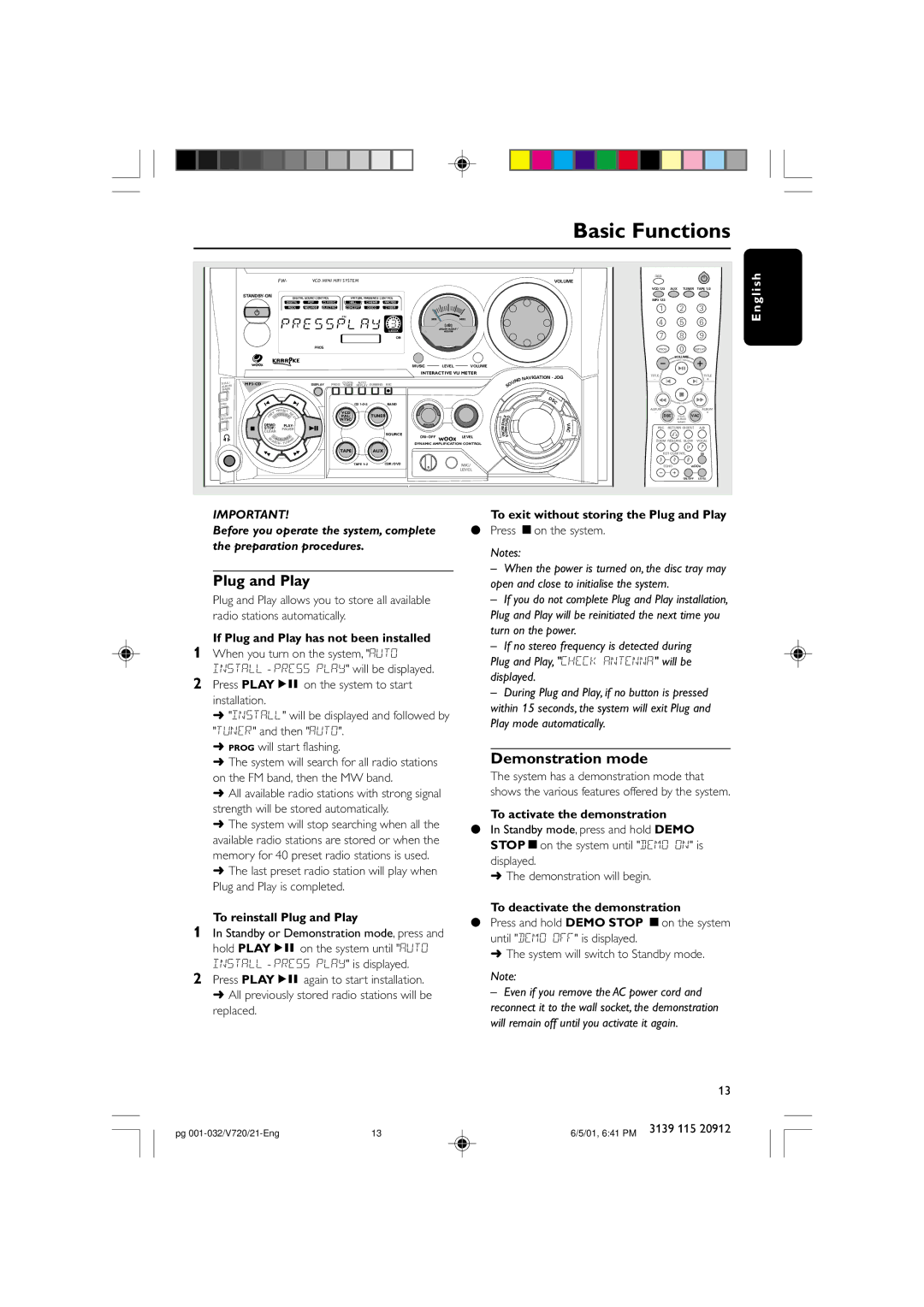 Philips FW-V720 manual Basic Functions, Plug and Play, Demonstration mode 