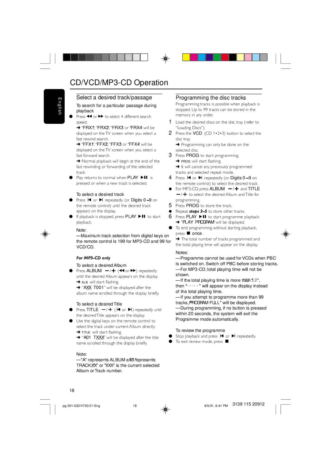 Philips FW-V720 manual Select a desired track/passage, Programming the disc tracks 