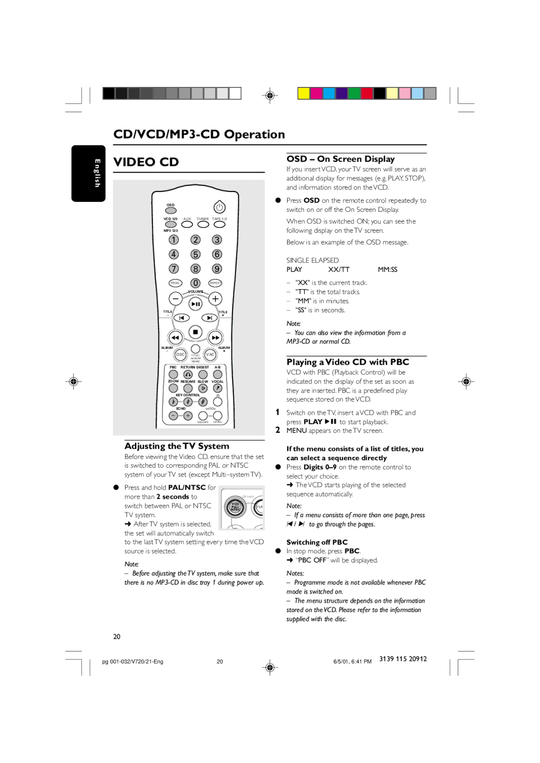 Philips FW-V720 manual Adjusting the TV System, OSD On Screen Display, Playing a Video CD with PBC, Switching off PBC 