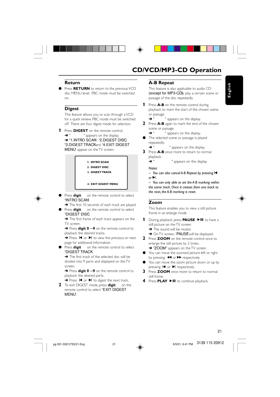 Philips FW-V720 manual Return Repeat, Digest, Zoom, Press digit 1 on the remote control to select Intro Scan 