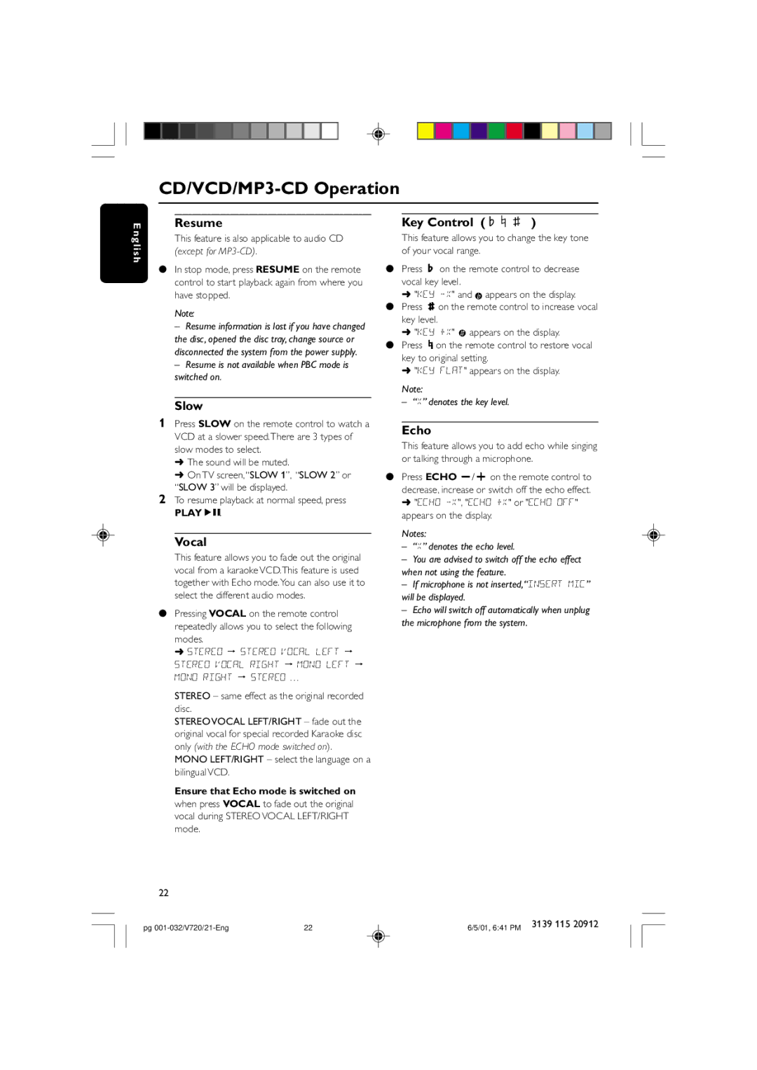 Philips FW-V720 manual Slow, Vocal, Key Control I È, Echo, Playéå 