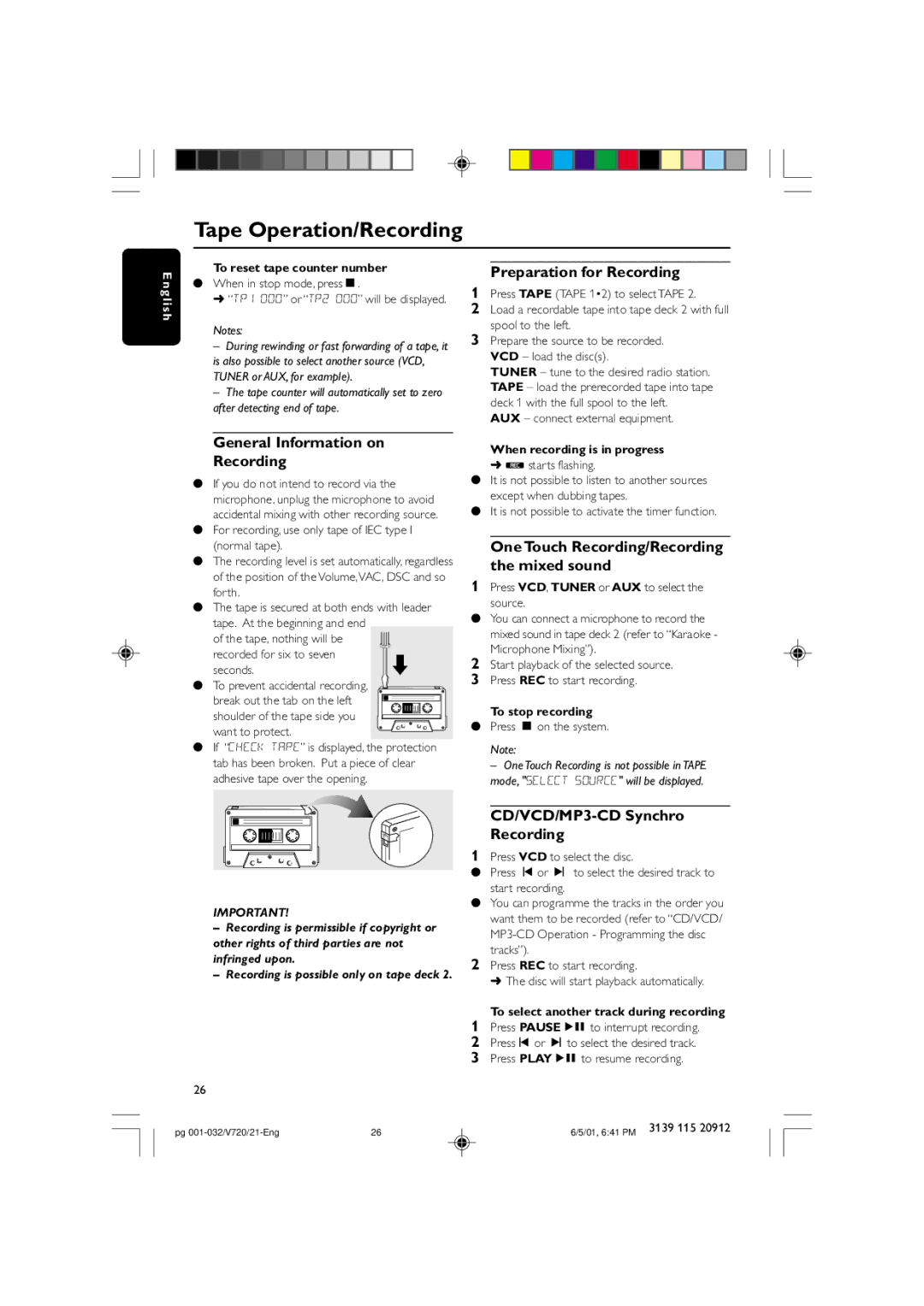 Philips FW-V720 manual General Information on Recording, Preparation for Recording, CD/VCD/MP3-CD Synchro Recording 