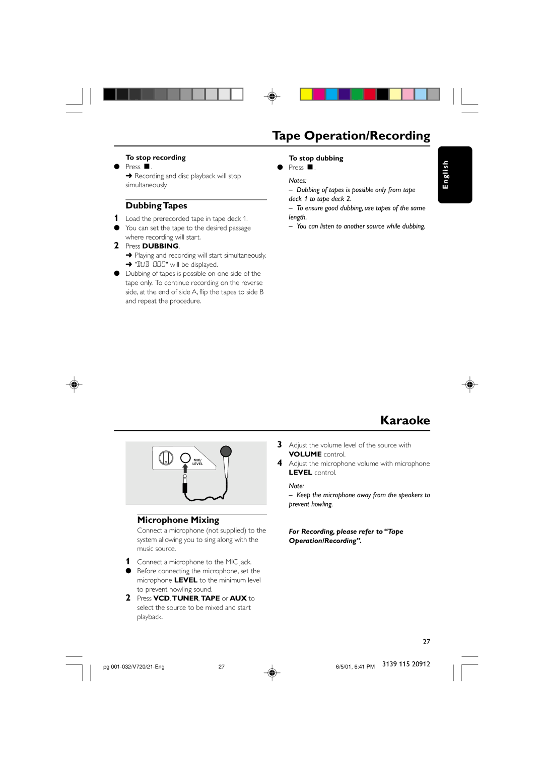 Philips FW-V720 manual Karaoke, Dubbing Tapes, Microphone Mixing, To stop dubbing, Level control 