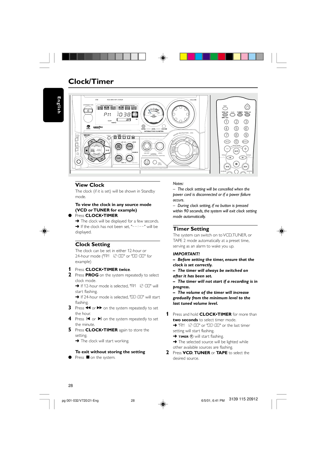 Philips FW-V720 View Clock, Clock Setting, Timer Setting, Press Clocktimer twice, To exit without storing the setting 