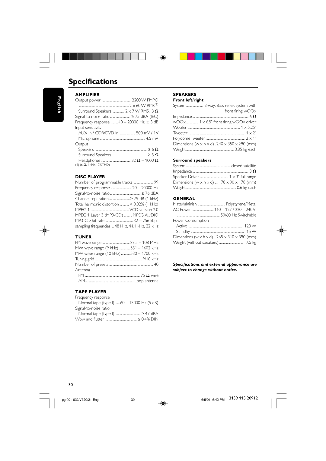 Philips FW-V720 manual Specifications 