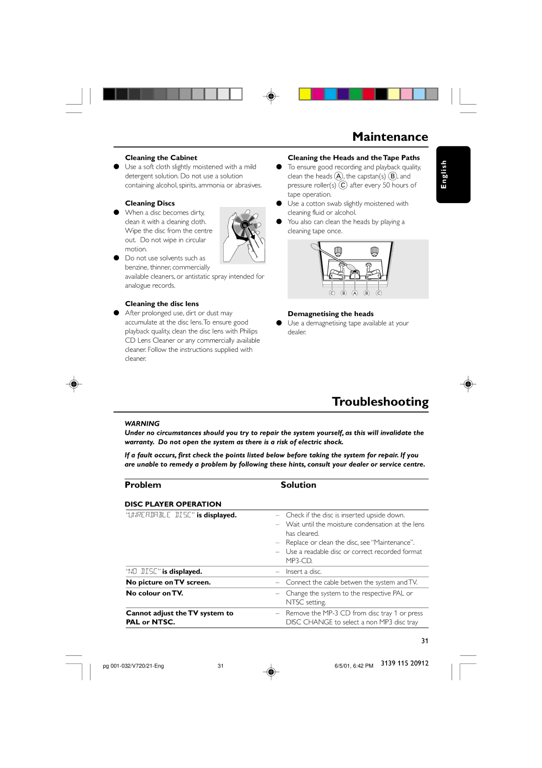 Philips FW-V720 manual Maintenance, Troubleshooting, Problem Solution, Disc Player Operation 