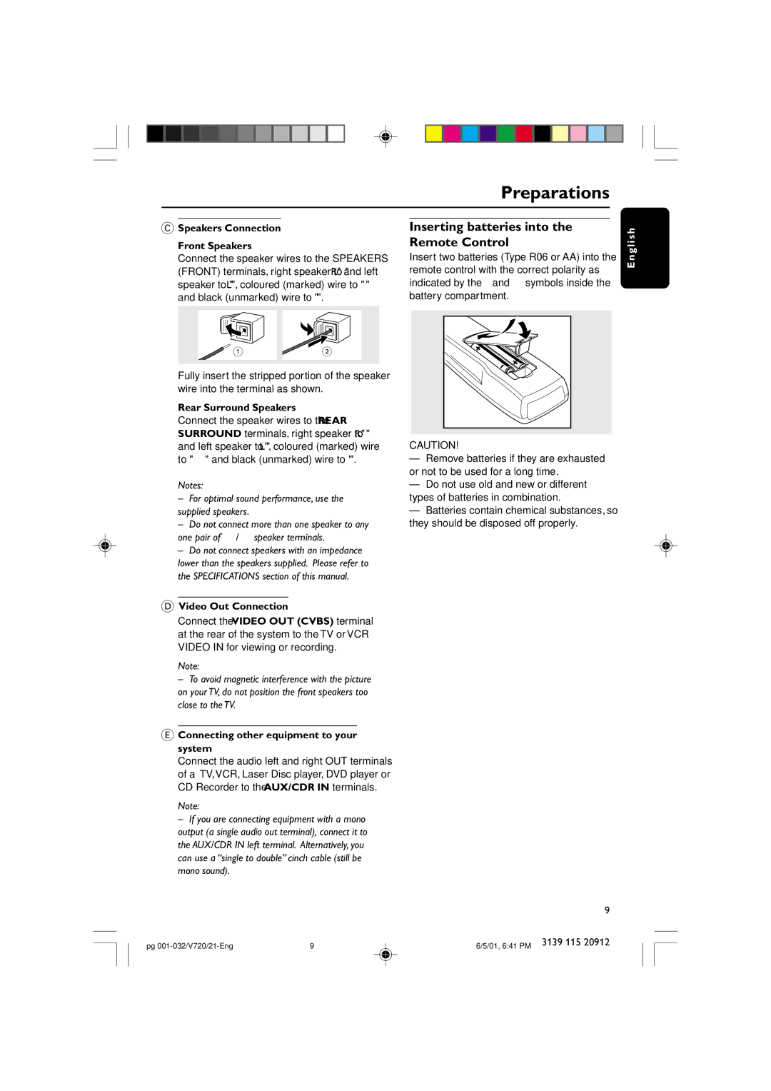 Philips FW-V720 manual Inserting batteries into, Remote Control 