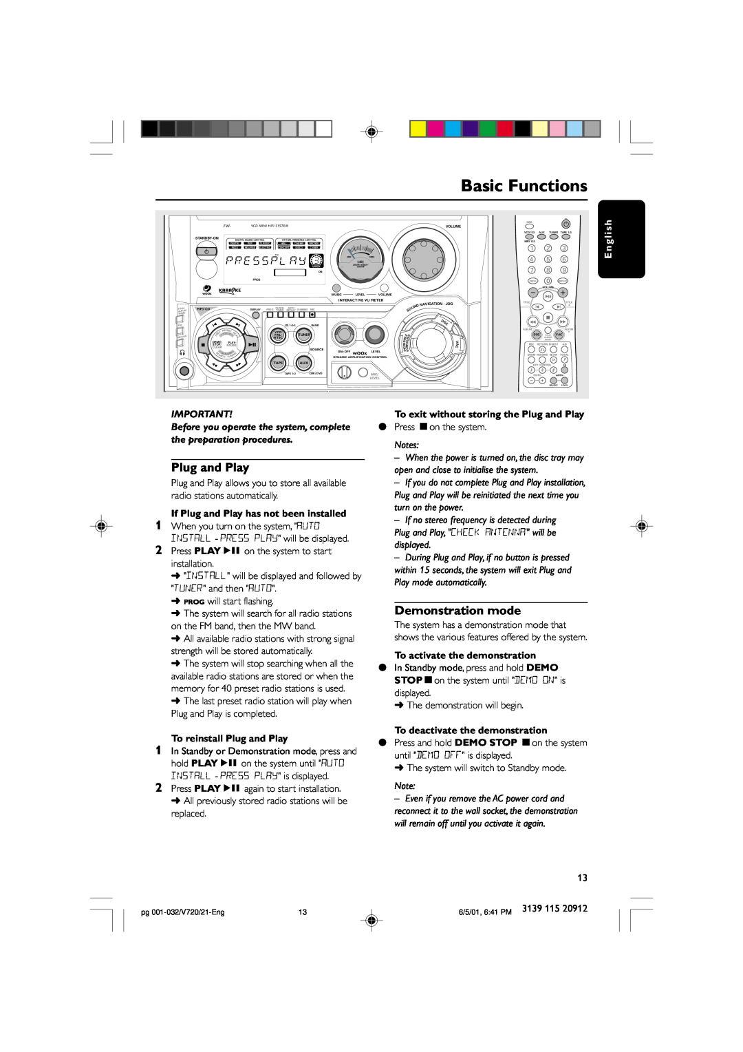 Philips FW-V720 manual Basic Functions, If Plug and Play has not been installed, To reinstall Plug and Play 