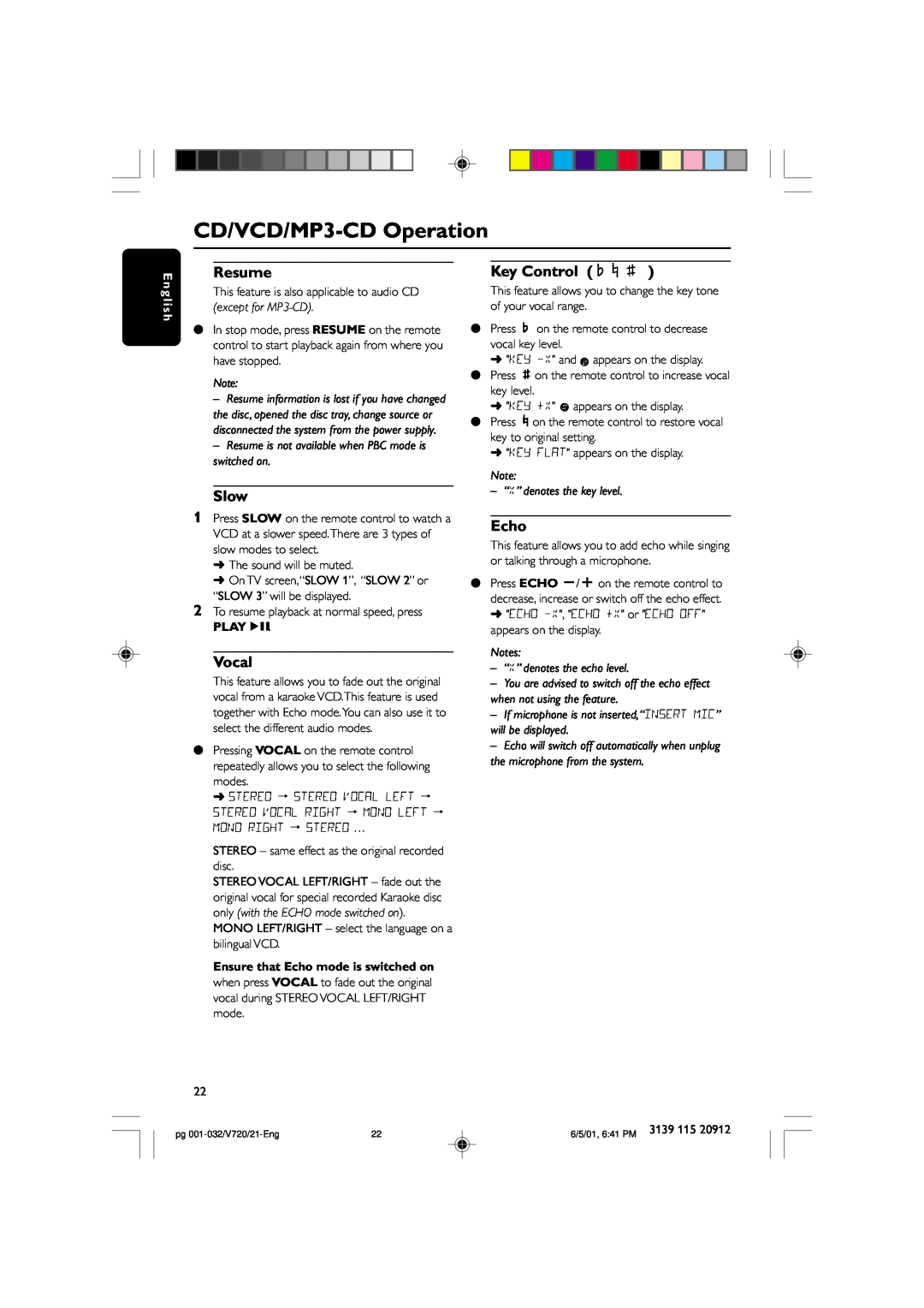Philips FW-V720 manual Resume, CD/VCD/MP3-CDOperation, except for MP3-CD, Playéå, Ensure that Echo mode is switched on 