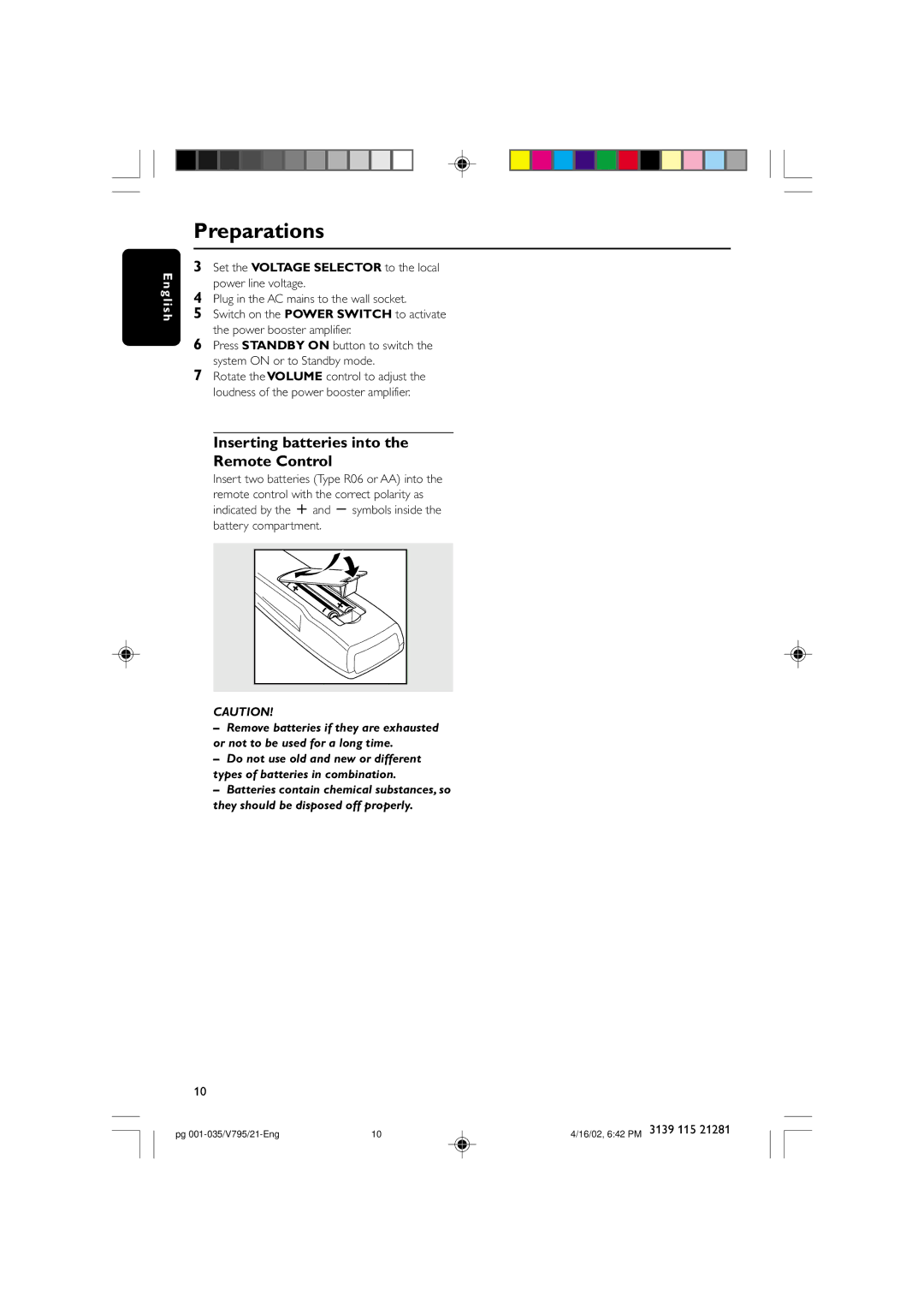 Philips FW-V795 manual Inserting batteries into Remote Control, Set the Voltage Selector to the local power line voltage 