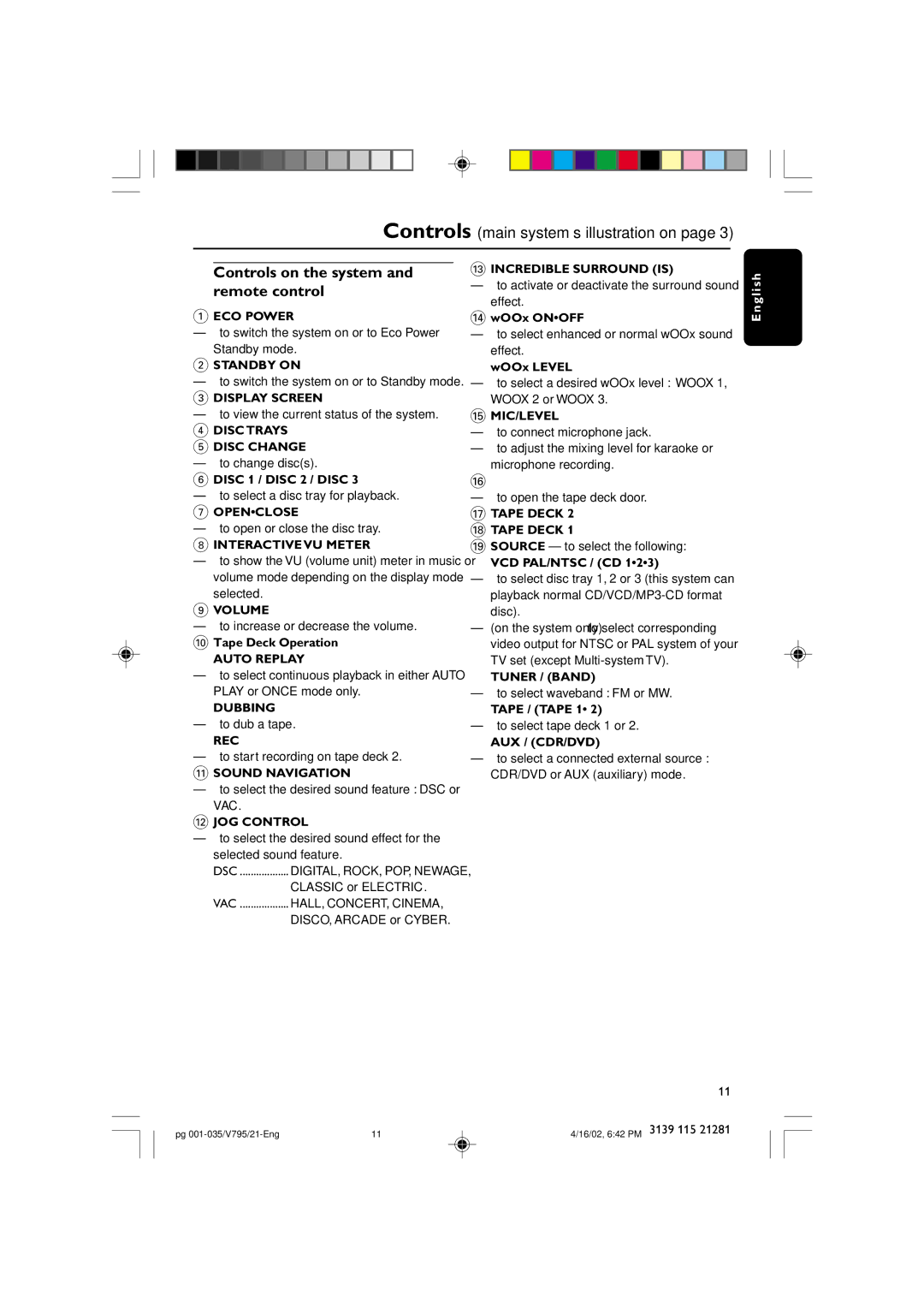 Philips FW-V795 manual Controls on the system and remote control 