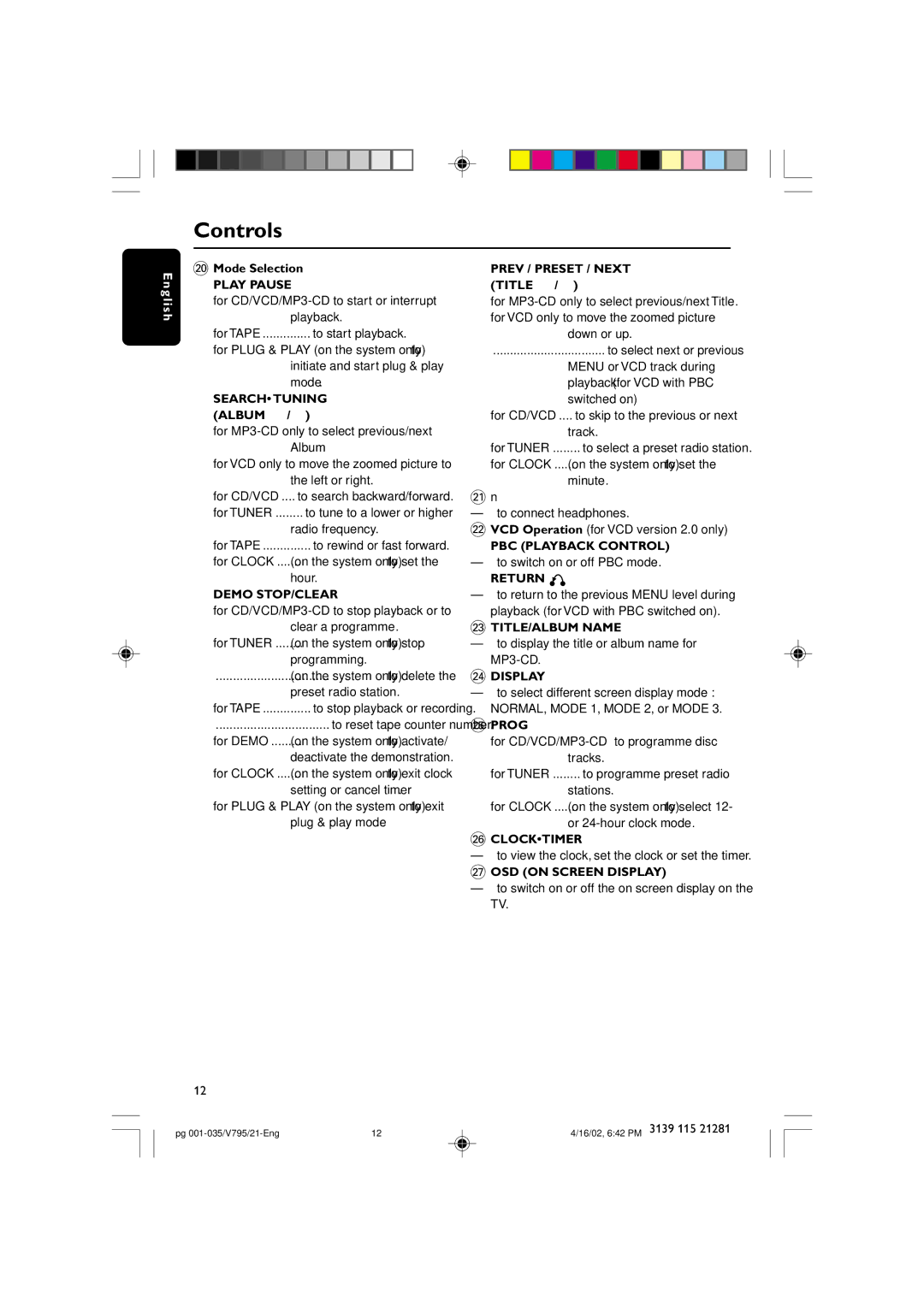 Philips FW-V795 manual Controls 