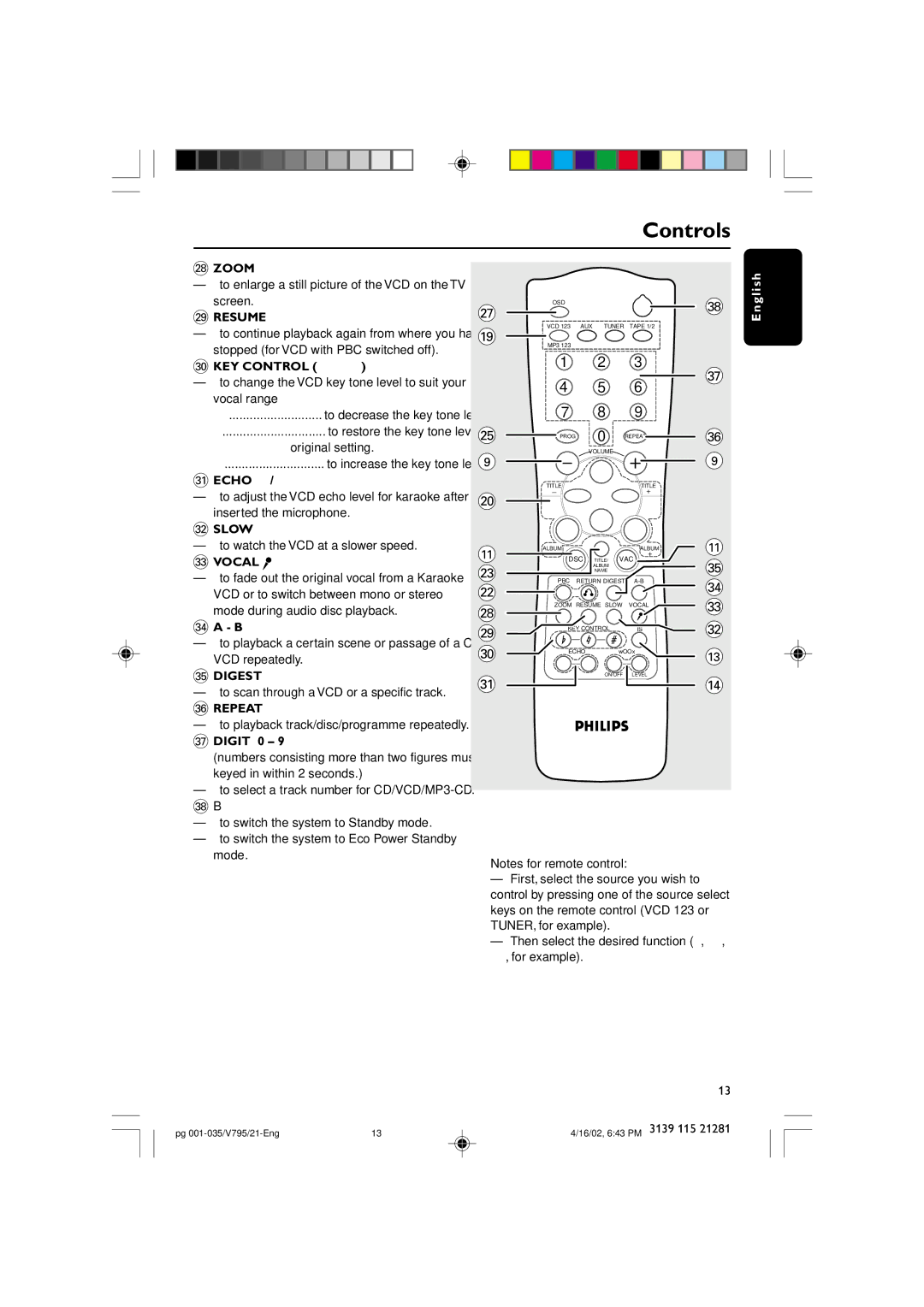 Philips FW-V795 manual Zoom, ¤ Slowö, ‹ Vocal 