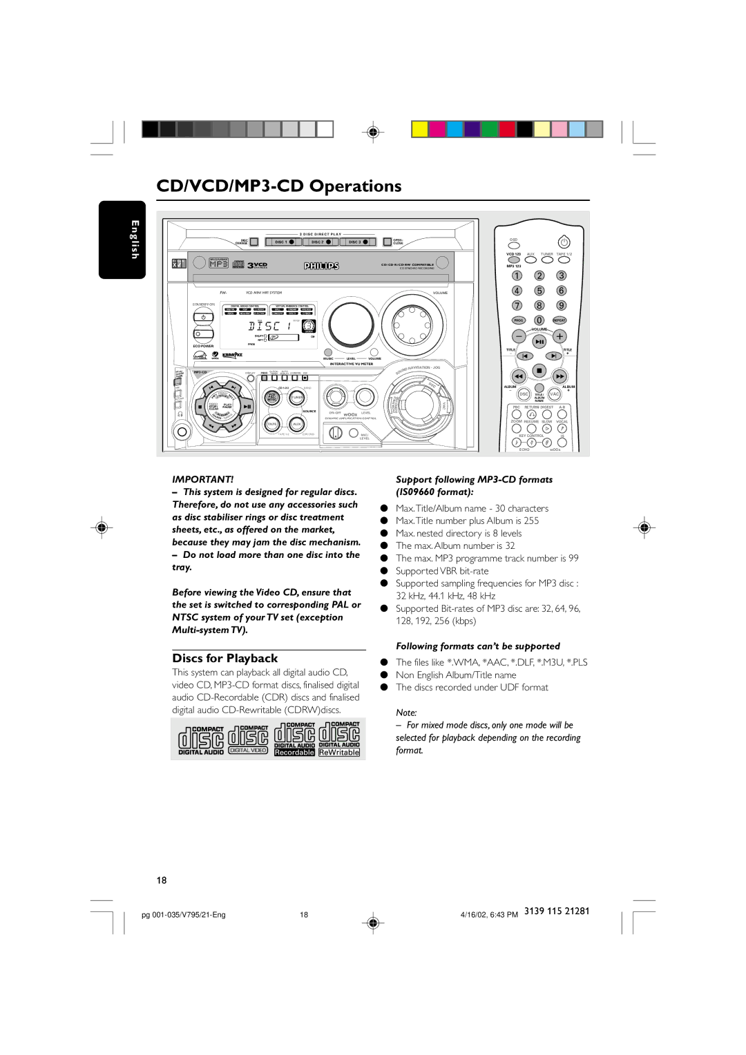 Philips FW-V795 manual CD/VCD/MP3-CD Operations, Discs for Playback 