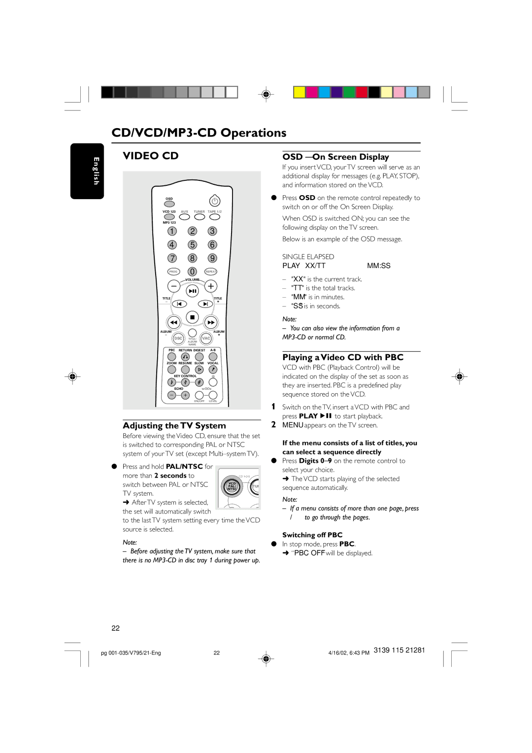 Philips FW-V795 manual Adjusting the TV System, OSD On Screen Display, Playing a Video CD with PBC, Switching off PBC 