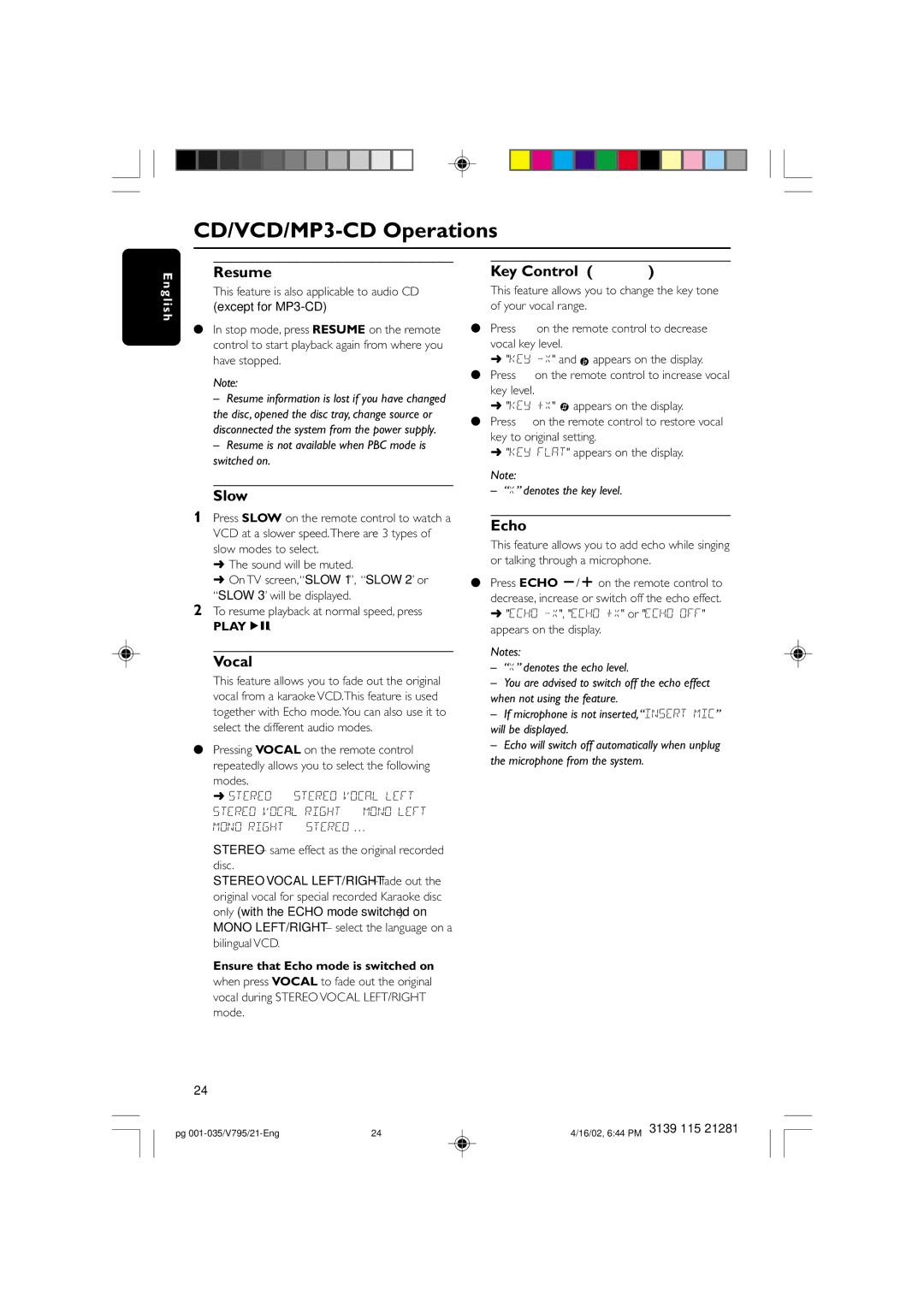 Philips FW-V795 manual Slow, Vocal, Key Control I È, Echo, Playéå 