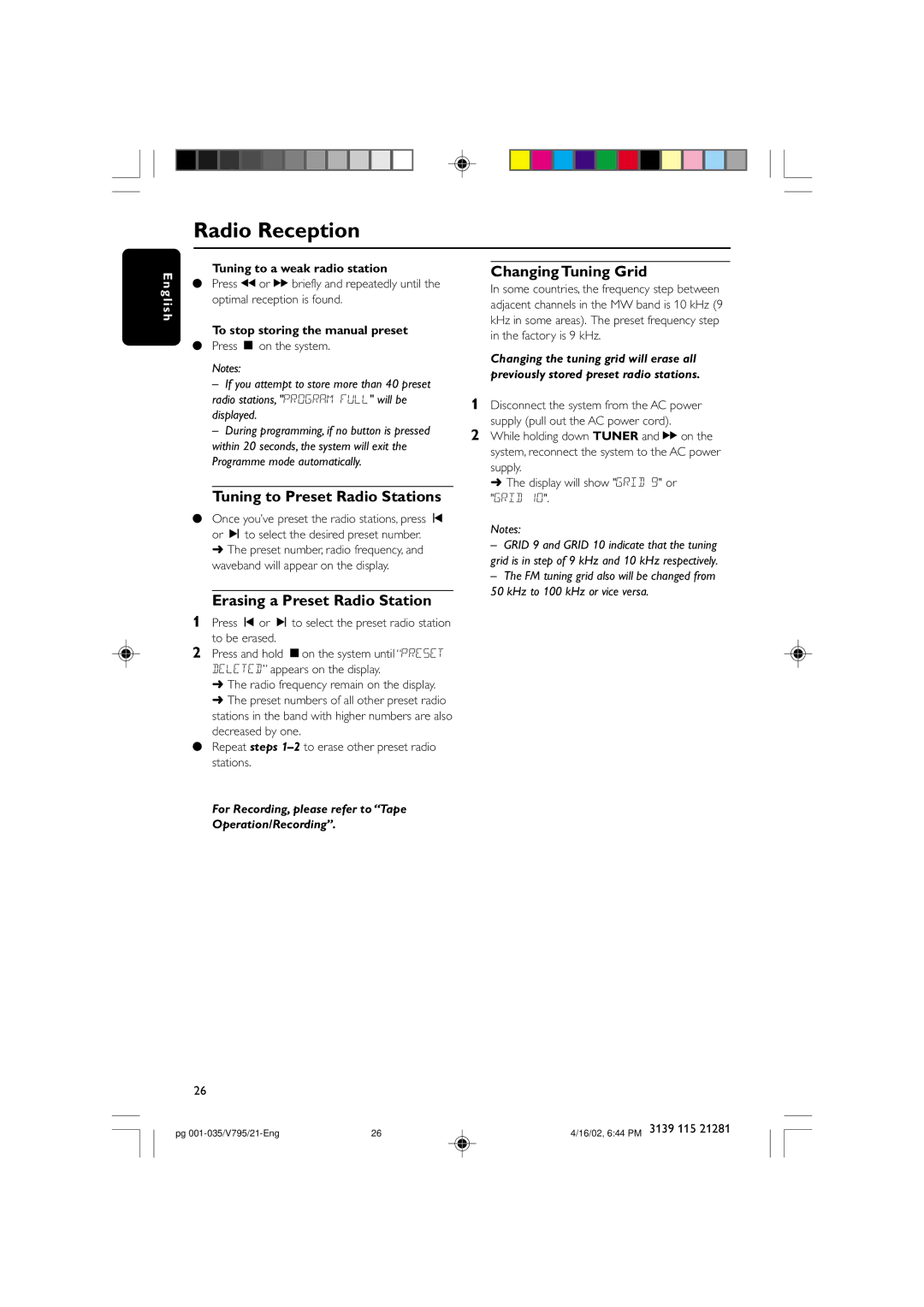 Philips FW-V795 manual Tuning to Preset Radio Stations, Erasing a Preset Radio Station, Changing Tuning Grid 