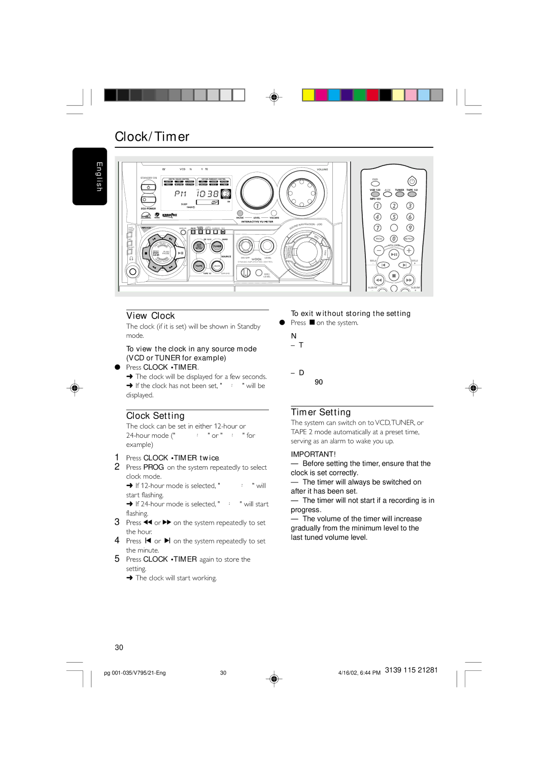 Philips FW-V795 View Clock, Clock Setting, Timer Setting, To exit without storing the setting, Press Clocktimer twice 