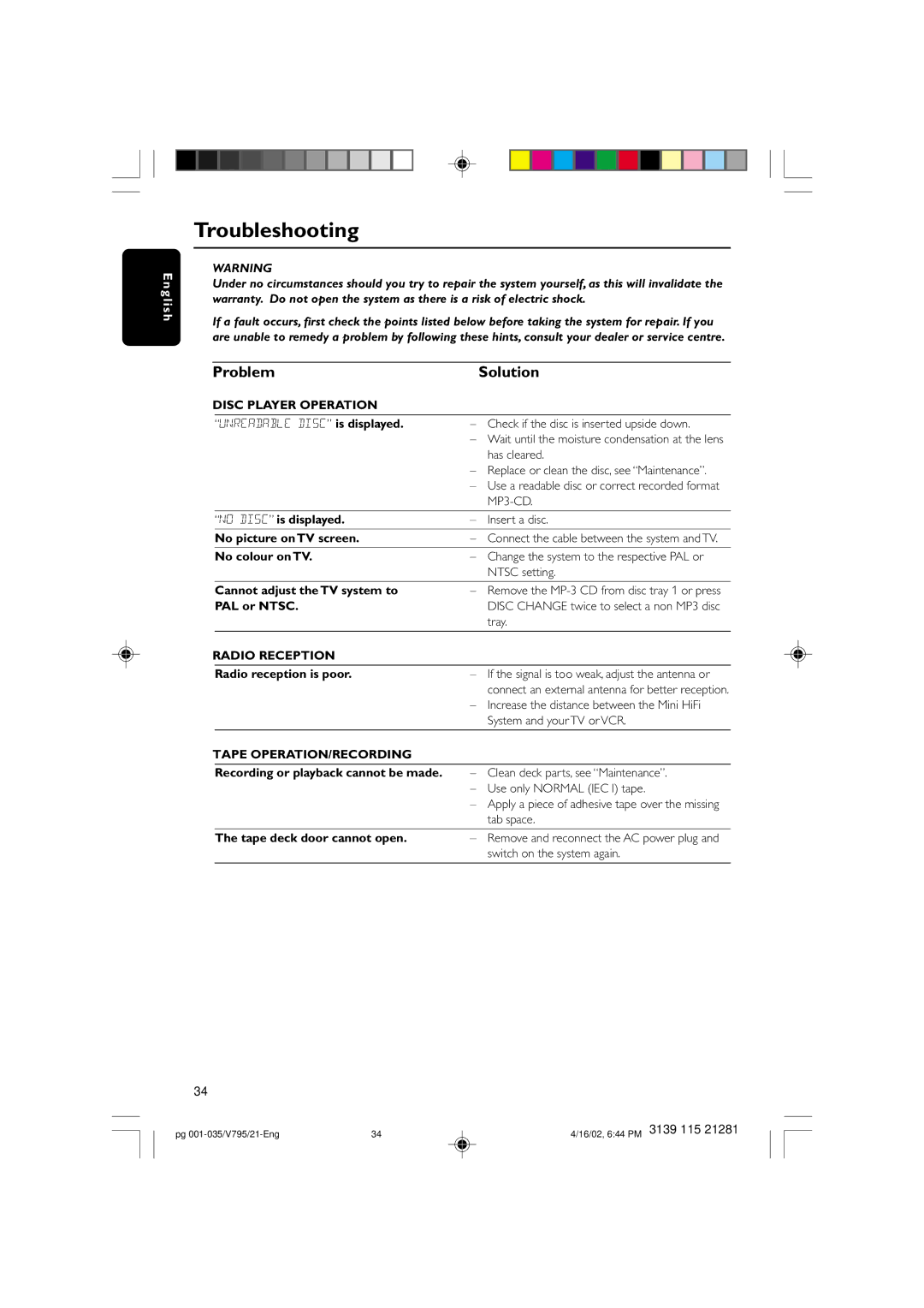 Philips FW-V795 manual Troubleshooting, Problem Solution, Disc Player Operation, Radio Reception, Tape OPERATION/RECORDING 