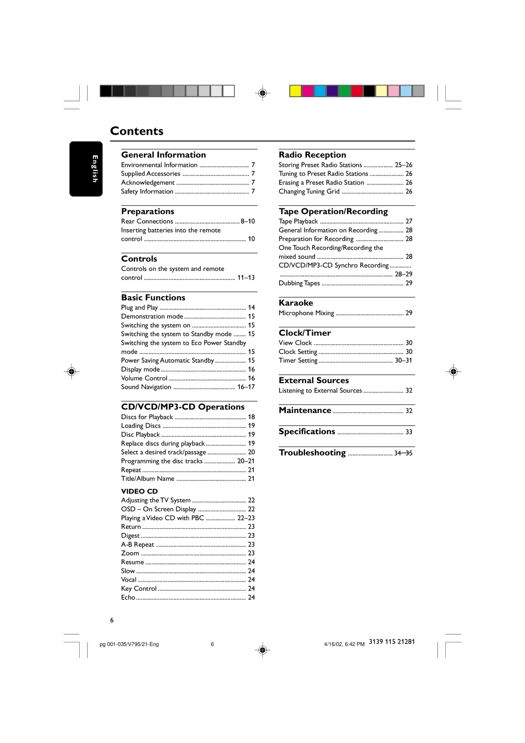 Philips FW-V795 manual Contents 