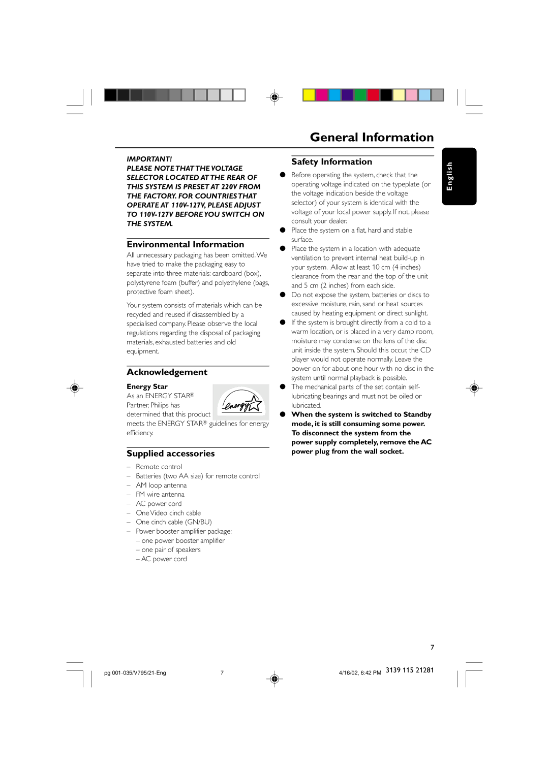 Philips FW-V795 General Information, Environmental Information, Acknowledgement, Supplied accessories, Safety Information 