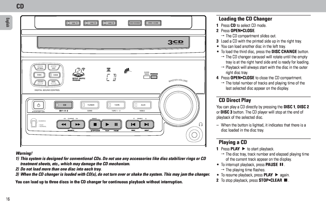 Philips FW320C, FW55C/37, FW45C manual Loading the CD Changer, CD Direct Play, Playing a CD, Press OPEN•CLOSE 