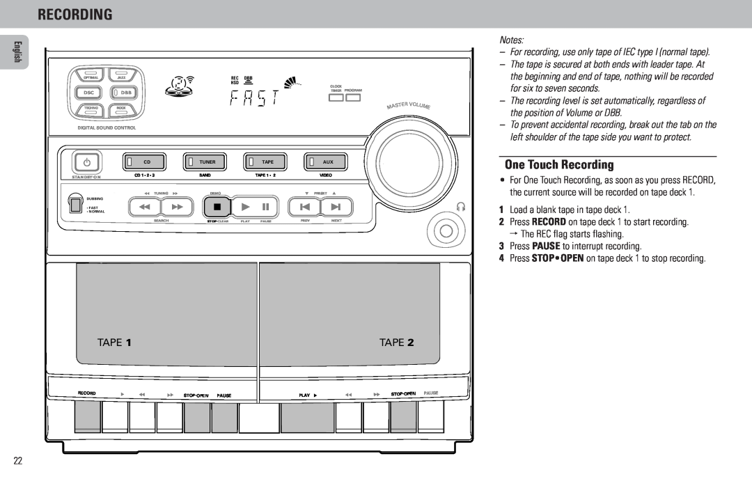 Philips FW320C, FW55C/37 One Touch Recording, ª The REC flag starts flashing, Press PAUSE to interrupt recording 