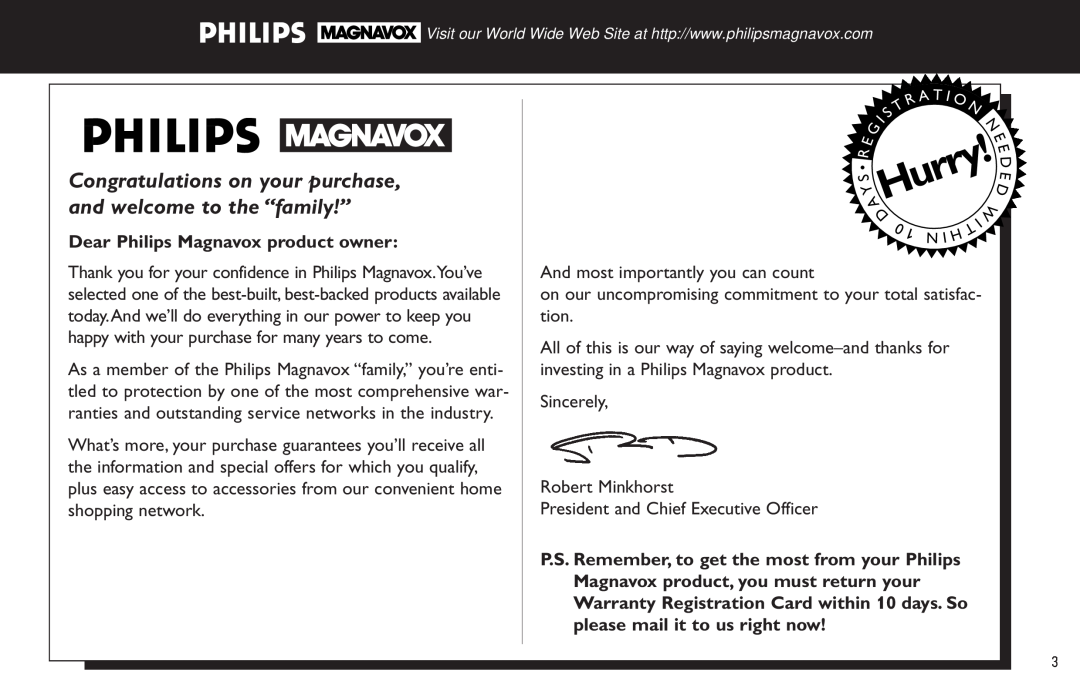 Philips FW45C, FW320C, FW55C/37 manual Dear Philips Magnavox product owner, AHurry 