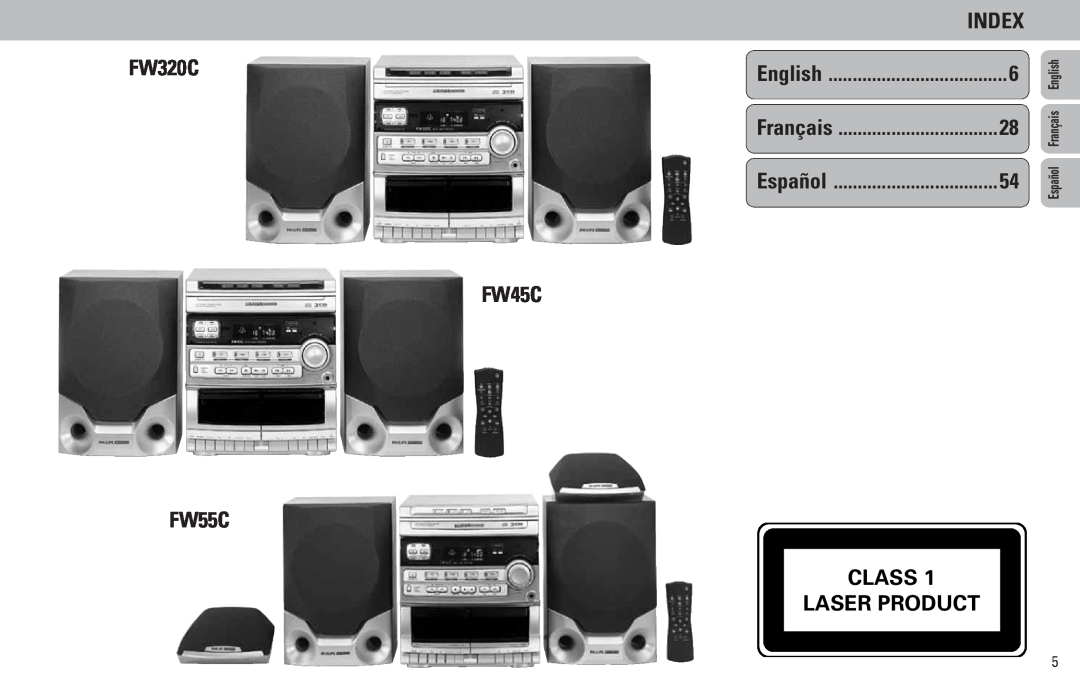 Philips FW55C/37 manual FW320C, FW45C FW55C CLASS LASER PRODUCT, Index, Español Français English 