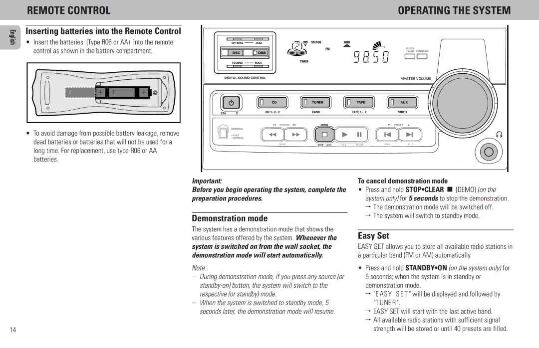 Philips FW380C, FW65C Remote Control Operating the System, Inserting batteries into the Remote Control, Demonstration mode 