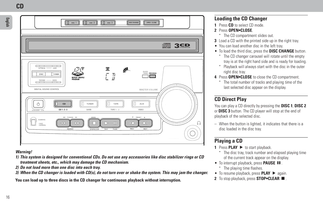 Philips FW65C, FW386C, FW380C manual Loading the CD Changer, CD Direct Play, Playing a CD, Press Openclose 