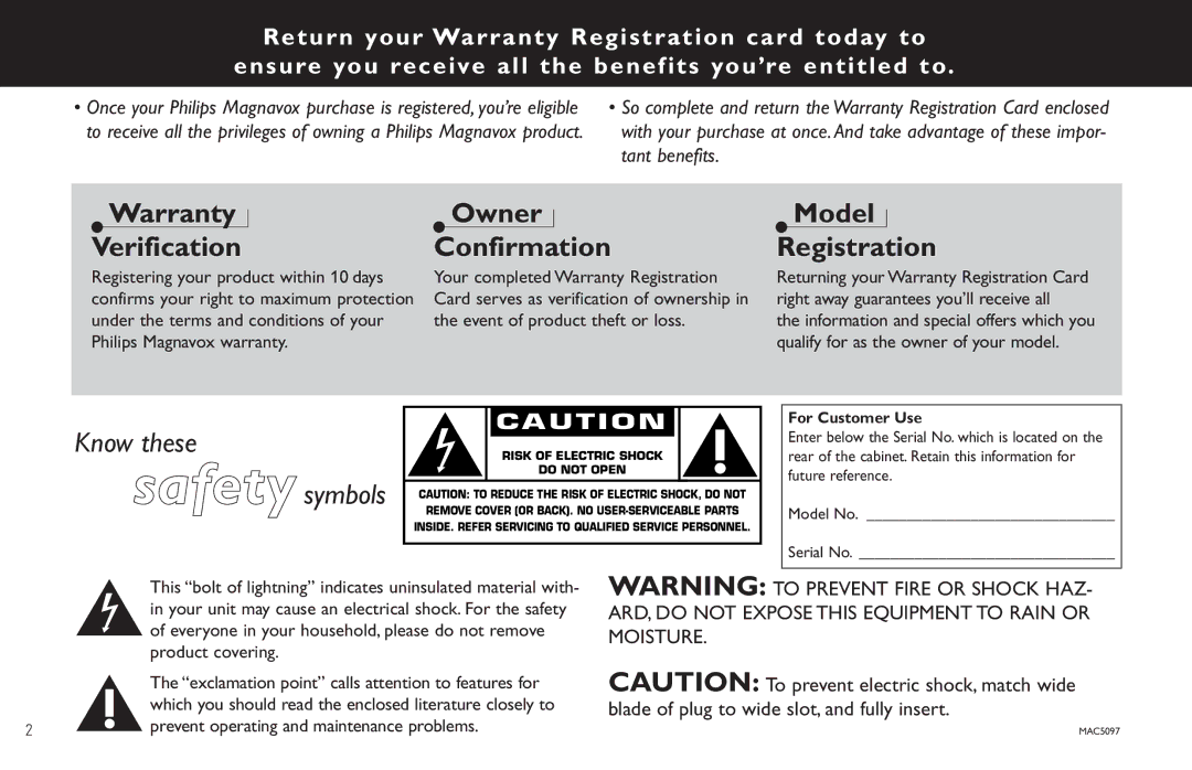 Philips FW380C, FW386C, FW65C manual For Customer Use, Which you should read the enclosed literature closely to 