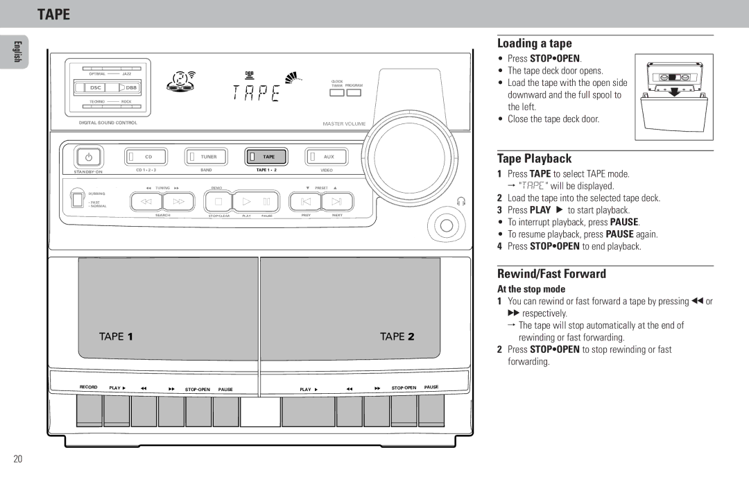 Philips FW380C, FW386C, FW65C manual Loading a tape, Tape Playback, Rewind/Fast Forward 