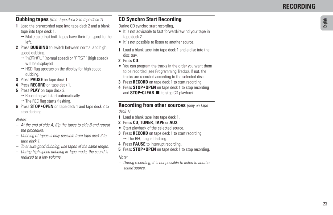 Philips FW380C, FW386C CD Synchro Start Recording, Recording from other sources deck, Load a blank tape into tape deck 