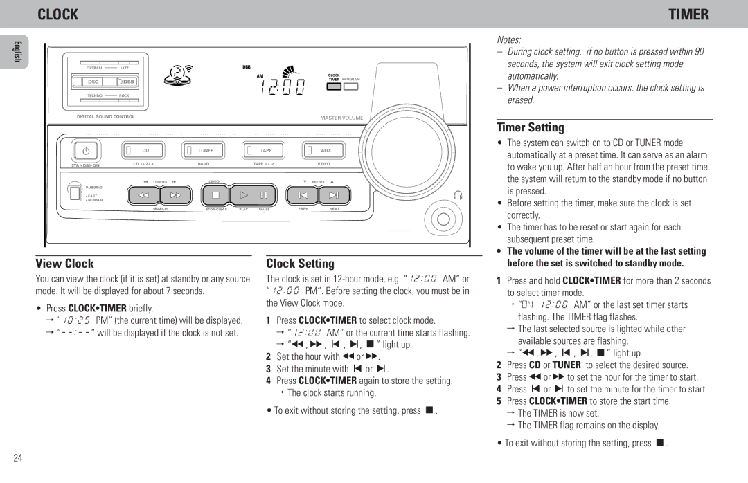 Philips FW386C, FW65C, FW380C manual Timer Setting, View Clock, Clock Setting 