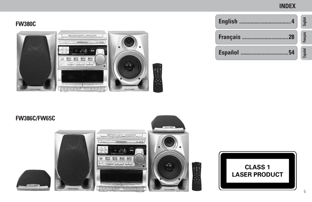 Philips FW380C, FW386C, FW65C manual Class Laser Product, English 