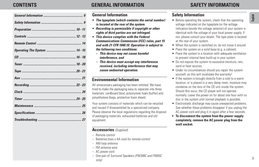 Philips FW386C, FW65C, FW380C manual Contents General Information Safety Information 