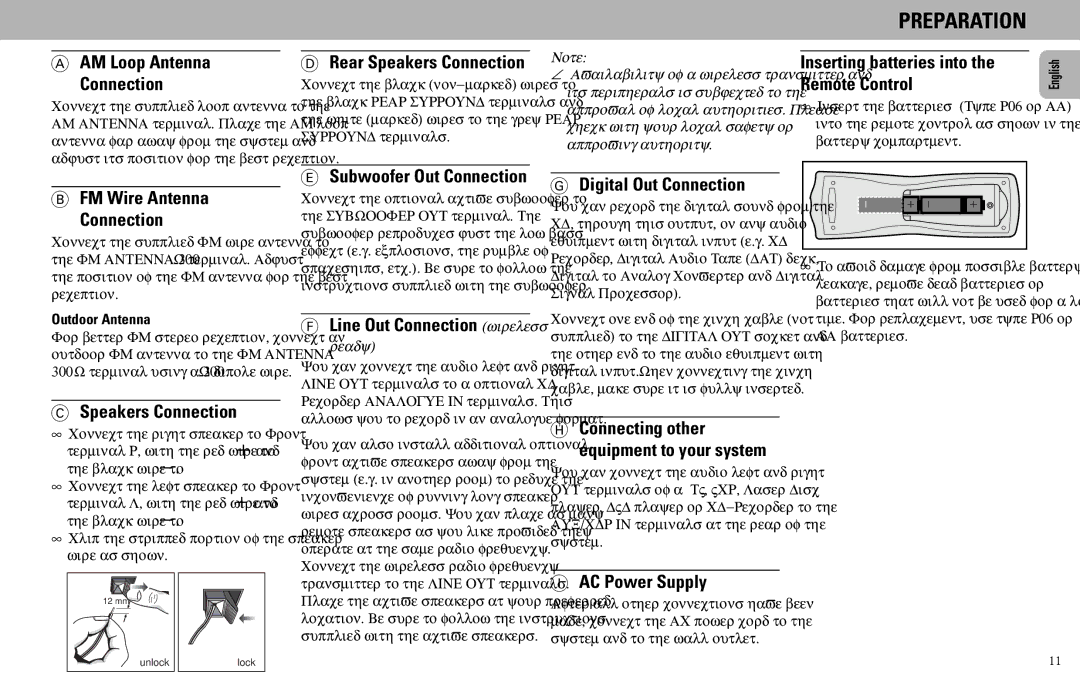 Philips FW585C manual AM Loop Antenna Connection, Inserting batteries into the Remote Control, FM Wire Antenna Connection 