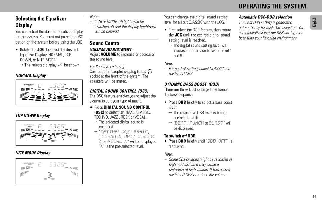 Philips FW585C manual Selecting the Equalizer Display, Sound Control, For Personal Listening, To switch off DBB 