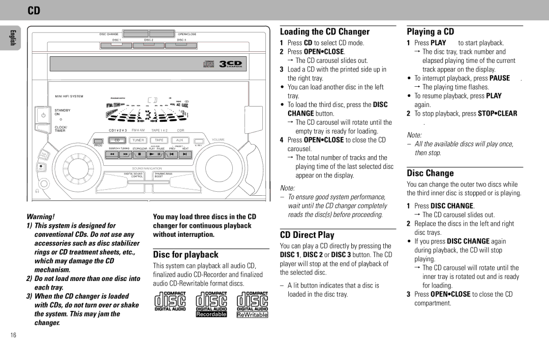 Philips FW585C manual Loading the CD Changer, Playing a CD, Disc Change, Disc for playback, CD Direct Play 