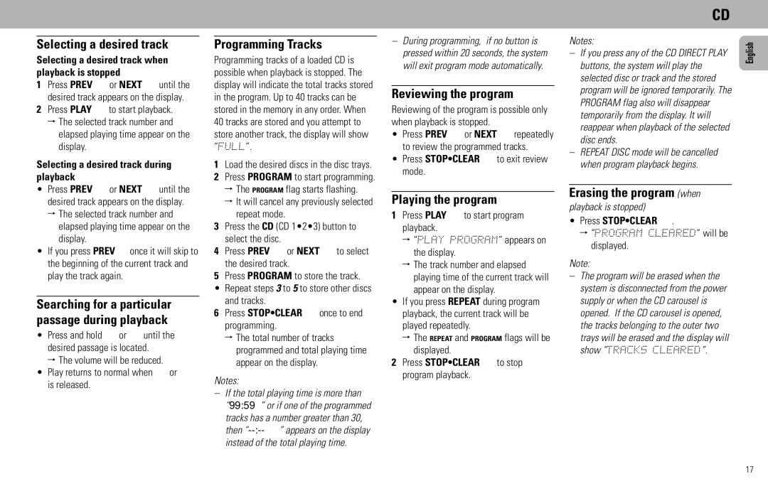 Philips FW585C manual Selecting a desired track, Programming Tracks, Reviewing the program, Playing the program 