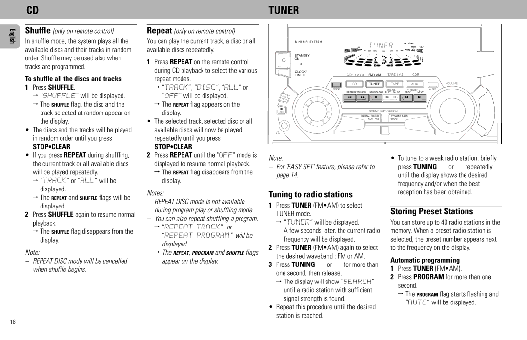 Philips FW585C manual Tuning to radio stations, Storing Preset Stations, Automatic programming 