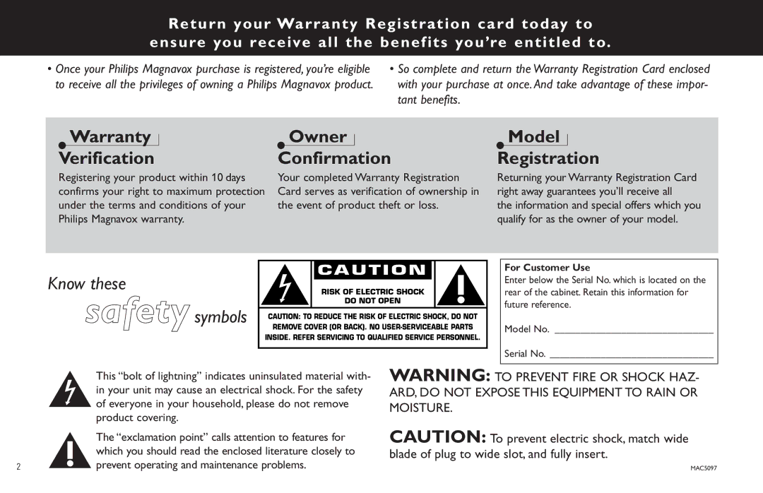 Philips FW585C manual For Customer Use, Which you should read the enclosed literature closely to 