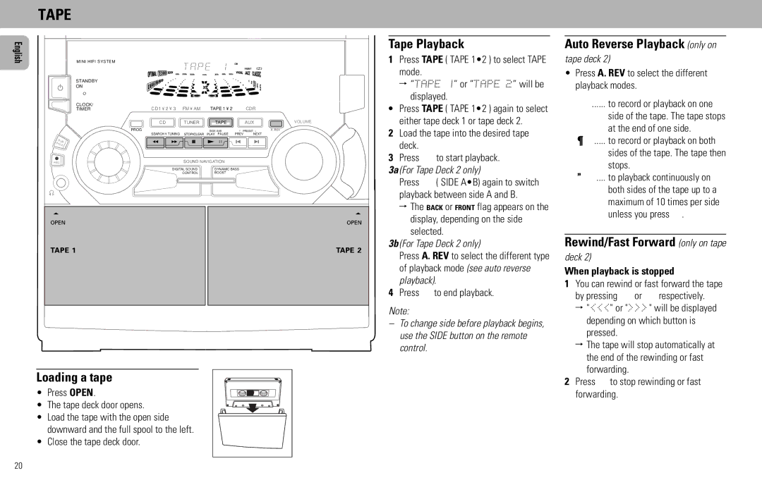 Philips FW585C manual Loading a tape, Tape Playback, Auto Reverse Playback only on, Rewind/Fast Forward only on tape 