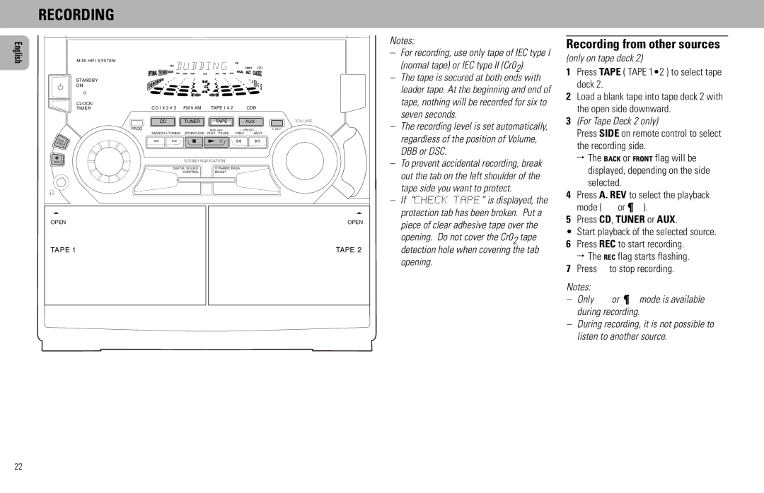 Philips FW585C manual Recording from other sources, Only on tape deck, For Tape Deck 2 only 