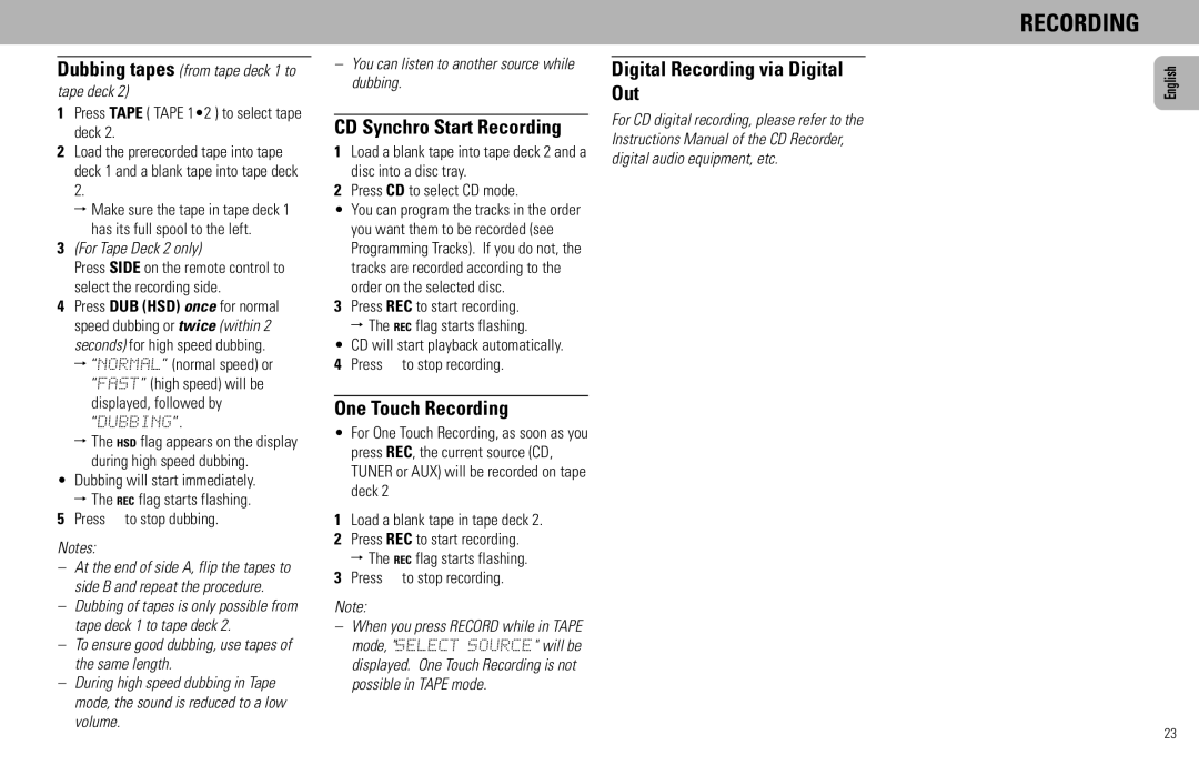 Philips FW585C manual CD Synchro Start Recording, One Touch Recording, Digital Recording via Digital Out 