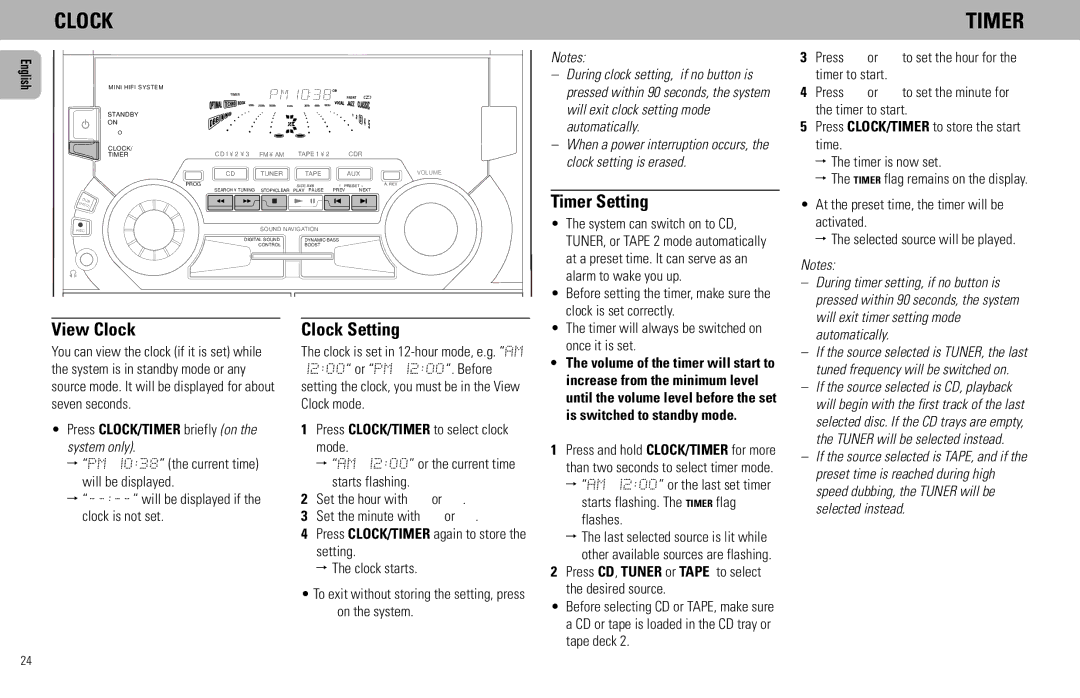 Philips FW585C manual Timer Setting, View Clock, Clock Setting 